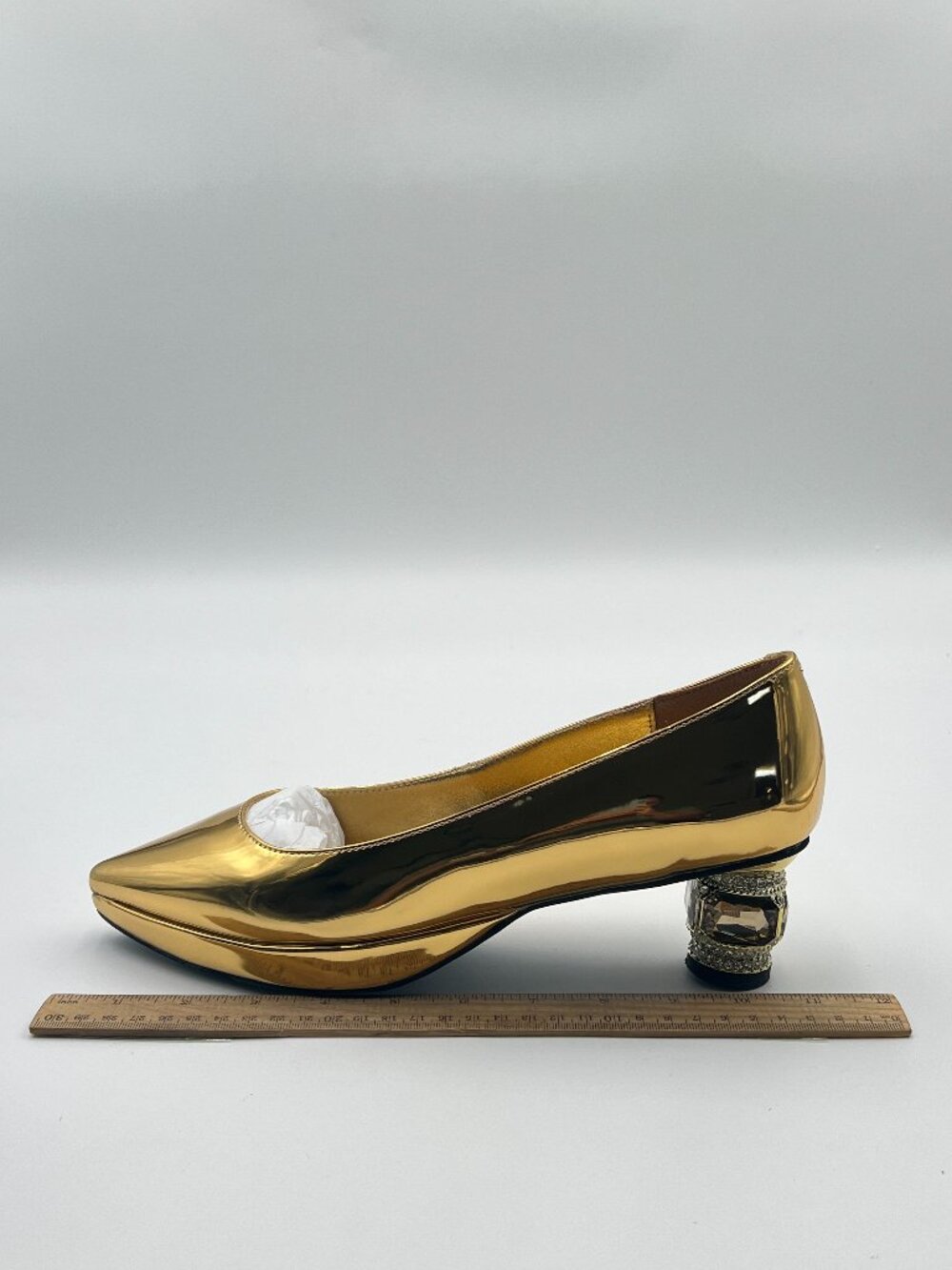 FSJ Gold Bridal Pointed Toe Block Low Heel Crystal Pumps Gold Trim Slip on Shoes